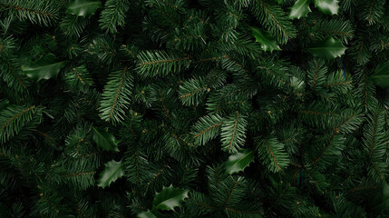 Realistic Christmas tree montage background perfect for festive designs, featuring lush green foliage captured using a 35mm lens in exceptional detail