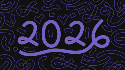 2026 Memphis Black and purple Doodle Background New Year Celebration Design.Vector Illustration