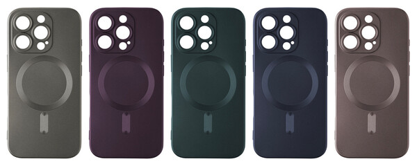 A charming array of colored phone cases displays various shades and styles, isolated on a transparent background for a modern and sleek look that enhances any phones aesthetic