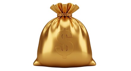 A golden money bag isolated on white background, symbolizing wealth and prosperity with a prominent dollar sign, representing financial success and abundance