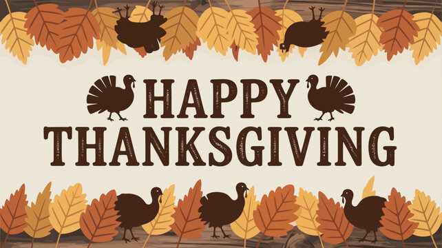 Happy thanksgiving greeting with turkeys and autumn leaves on a rustic wooden background