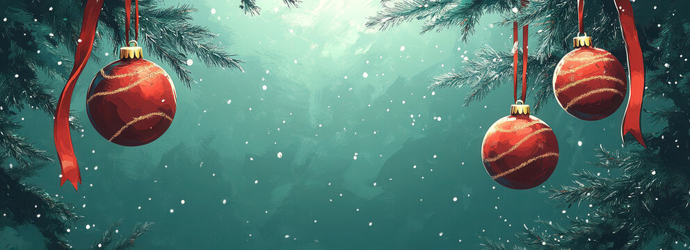 Festive Christmas card template featuring vibrant decorations alongside a serene green backdrop in a high-resolution digital art style. Christmas card New Year's card