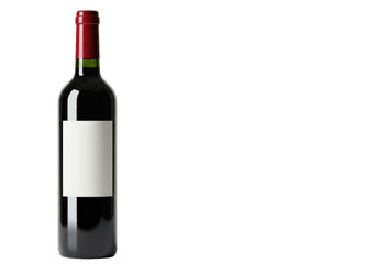 Fototapeta premium Elegant red wine bottle in deep dark green bordeaux glass with blank white label and glossy deep red foil cap on transparent background with copy space, concept for premium product advertising