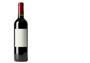 Elegant red wine bottle in deep dark green bordeaux glass with blank white label and glossy deep red foil cap on transparent background with copy space, concept for premium product advertising