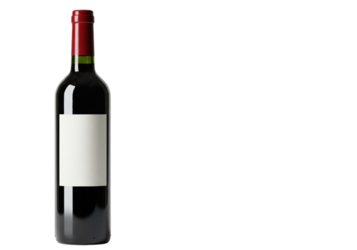 Elegant red wine bottle in deep dark green bordeaux glass with blank white label and glossy deep red foil cap on transparent background with copy space, concept for premium product advertising