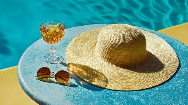 Summertime relaxation scene features wide brim hat and beverage beside shimmering pool water