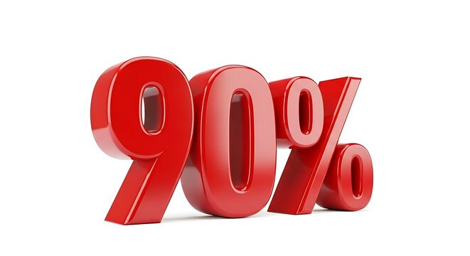 Shiny red ninety percent symbol isolated on white background, a bold and eyecatching graphic for sales, discounts, and promotional offers