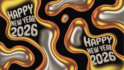 Happy new year 2026 with abstract flowing organic shapes and metallic balloon text