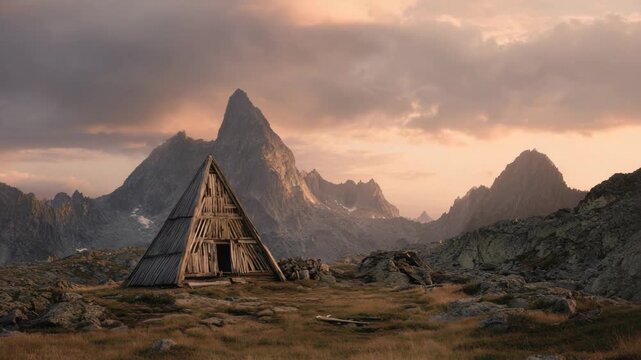 Mountain landscape with a pyramid structure at sunset  