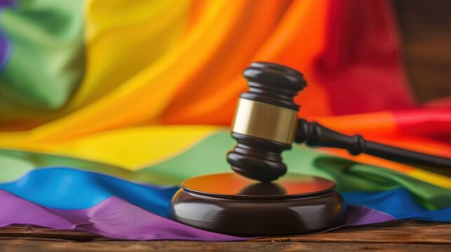 Wooden judge gavel on base with rainbow pride flag background symbolizing LGBTQ rights and justice concept.