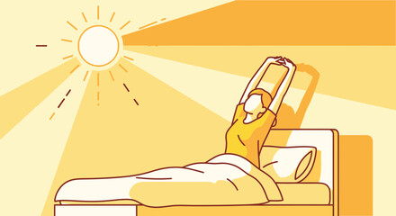 A woman stretching in bed bathed in the warm morning sunlight