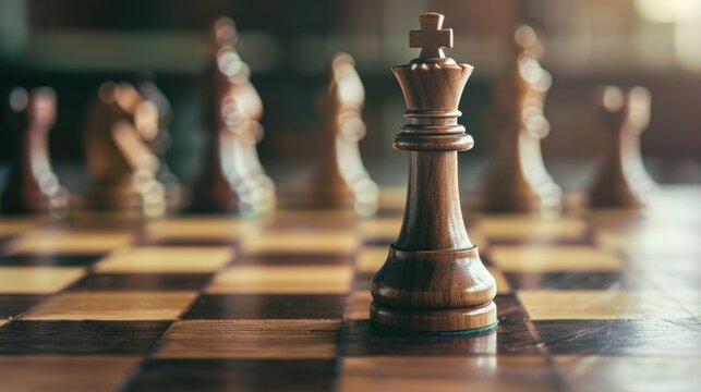 A close-up of a wooden chess king piece on a chessboard. Other chess pieces are blurred in the background. The scene conveys strategy and competition. - Powered by Adobe