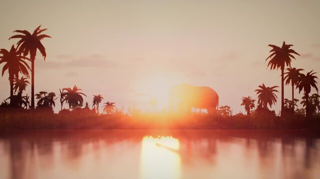 An elephant strides among palm trees along the shore of a lake against the backdrop of a majestic sunset. The elegant animal crosses the golden disk of the sun, capturing a stunning moment of wildlife