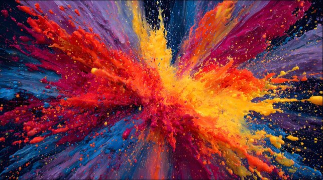 Vibrant spectrum of pigment powders explodes outward from a central point against a dark background