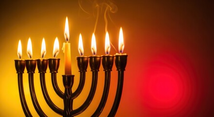 Glowing Menorah Candles Radiating Warmth and Tradition on Colorful Backdrop