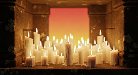 Glowing candles illuminate ancient stone altar with ethereal ambiance