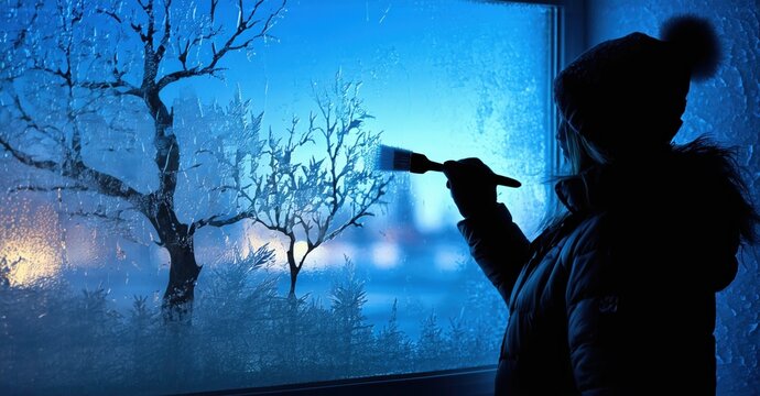 Child paints winter scene onto frosted window. Blue light illuminates trees, creating cozy atmosphere. Quiet moment indoors.