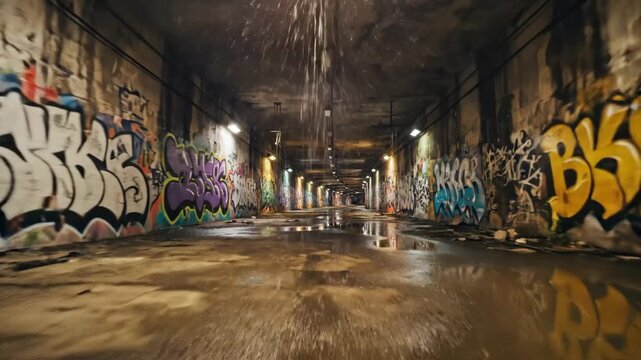 Urban Tunnel with Graffiti and Reflections - This video captures the interior of a long, dimly lit tunnel.