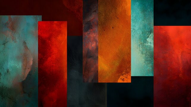 Overlapping vertical panels display richly textured abstract surfaces in contrasting colors