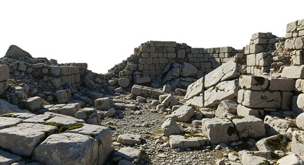 Ancient stone ruins with rubble isolated on white background