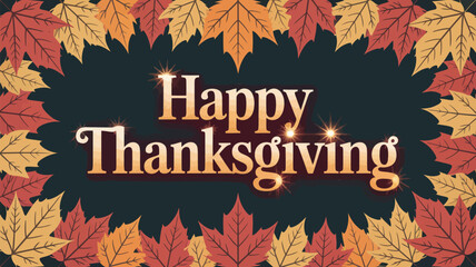 Happy thanksgiving text with autumn leaves border and sparkling lights on dark background