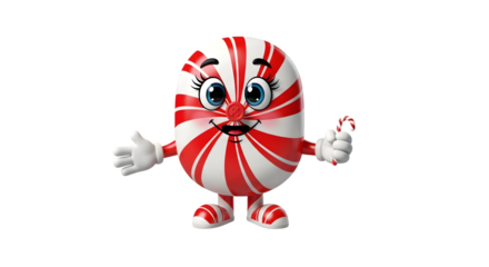 Cute peppermint candy character with candy cane isolated on transparent background