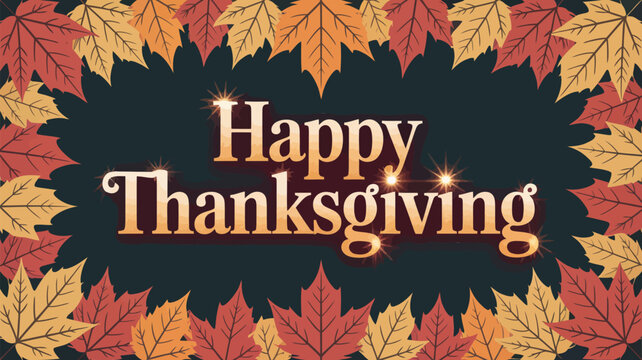 Happy thanksgiving text with autumn leaves border and sparkling lights on dark background - Powered by Adobe