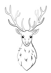 Outline drawing of majestic deer head with large antlers isolated on white background for coloring books tattoo designs and nature themed artwork