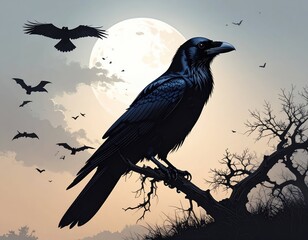 Naklejka premium Dark Raven Perched on Branch Under Full Moon with Bats Flying