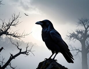 Naklejka premium Majestic Raven Silhouette Against Mysterious Foggy Landscape