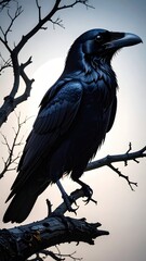 Naklejka premium Majestic Black Raven Perched on a Gnarled Branch Against Sunset