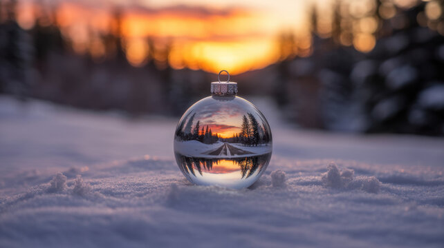 Happy snowman in the christmas bauble over the winter. - Powered by Adobe