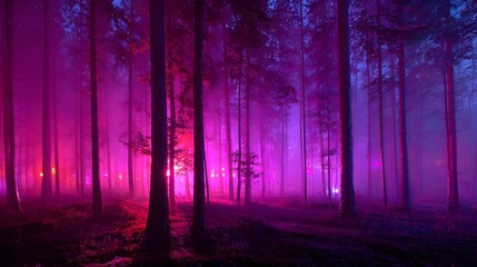 Obraz premium Tall forest trees illuminated dramatically by vibrant magenta and violet atmospheric lighting