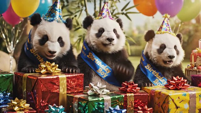 Panda Cubs Birthday Celebration - Three adorable panda cubs wearing birthday hats and "Birthday Boy" sashes sit behind a stack of colorful wrapped presents.