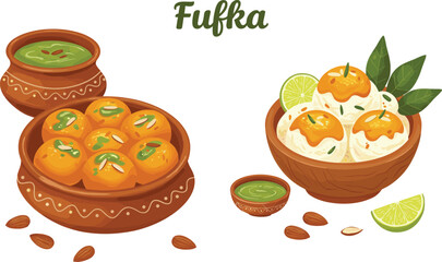 Traditional Indian sweet dessert illustration, ladoo balls with nuts, creamy milk sweets, lime garnish, green syrup bowls, festive cultural food artwork