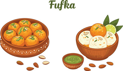 Traditional Indian sweet dessert illustration, colorful ladoo balls, creamy milk sweets, lime garnish, almonds scattered, green syrup bowls, festive cultural food artwork
