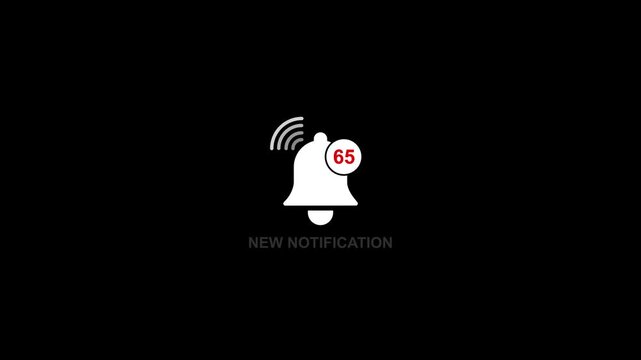 White notification bell icon with red badge showing 65 new notifications on a black background alert