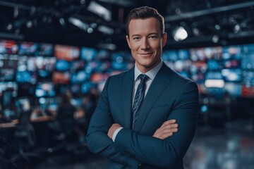 A confident news anchor in a suit stands with arms crossed in a high-tech studio filled with screens. The image conveys professionalism, authority, and modern media presence.