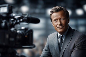 A polished news anchor smiles confidently in front of a camera and lighting equipment. The image embodies authority, trust, and media professionalism.