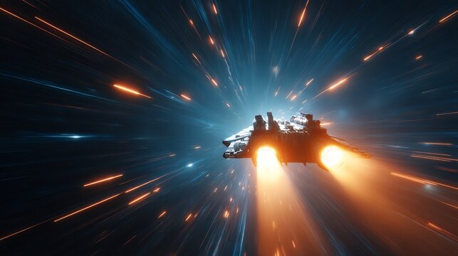 futuristic spaceship travels through hyperspace