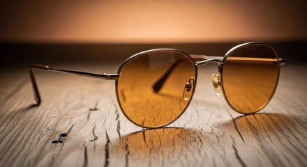 Golden tinted sunglasses on a rustic wooden table, vintage style eyewear