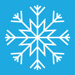 White snowflake icon sign symbol vector illustration isolated on a blue background. Christmas icon. Abstract snow logo frost cold weather. Winter precipitation. Simple flat white snowflake symbol. 