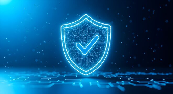 A glowing blue shield with a checkmark on a dark blue background, symbolizing cybersecurity, data protection, and digital security
