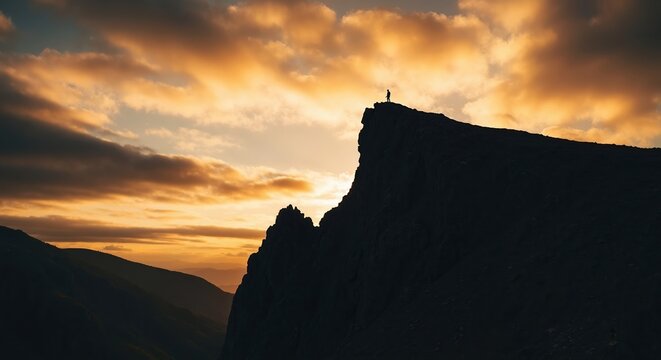Silhouette of a person on a mountain summit against a dramatic sunset sky. Concept of success, achievement, and freedom. Lone hiker reaching the peak