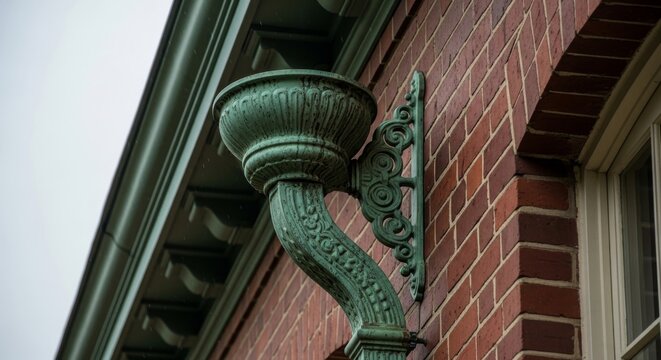 Ornate Green Patina Gutter on a Red Brick Building Wall.