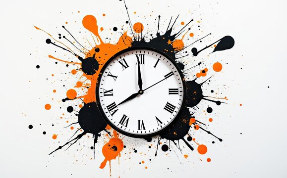 Clock face abstract paint splashes orange black roman numerals image