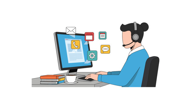Remote office assistant at computer customer service, messaging, tasks flat vector illustration