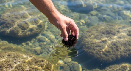 Man's hand holding a black sea urchin in clear sea water. Close-up of a person touching marine wildlife. Summer vacation and nature exploration