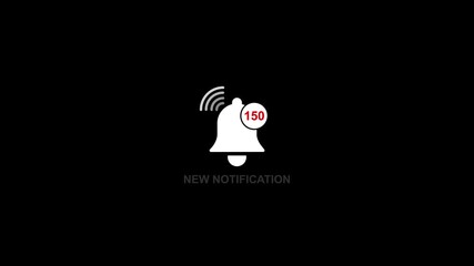 White notification bell icon with number 150 in red circle on black background alert symbol