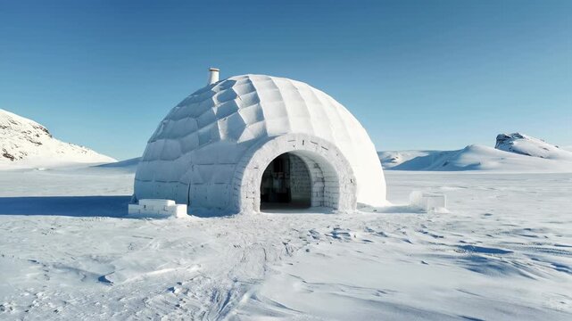 Classic igloo stands against powder skies, crisp composition showcasing survival craft, remote living, and photogenic polar minimalism.